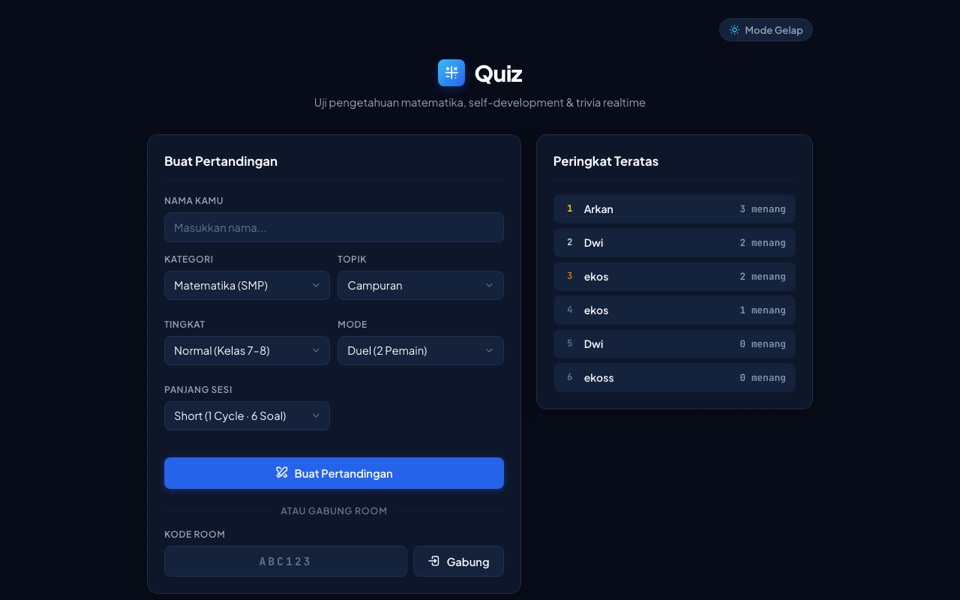 Tampilan halaman Math Duel Quiz